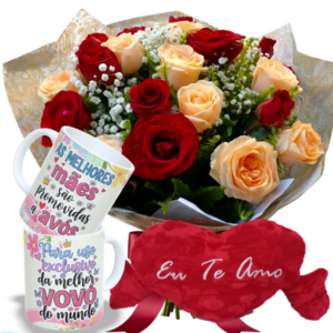 Buquê com 12 Rosas Vermelhas e Chá+Caneca Avó 325ml+Coração de Pelúcia P