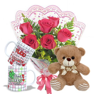 Mini buquê com 6 Rosas Vermelhas+1Caneca de Porcelana 325ml+Urso com Laço
