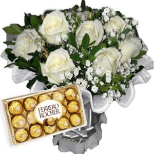 Mini Buquê 6 Rosas Brancas+Chocolate 8un