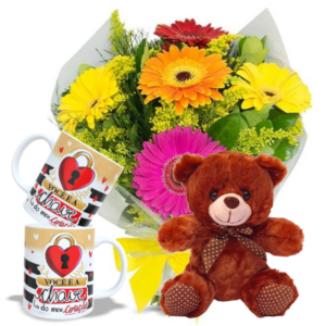 Mini Buquê com 6 Gérberas+1 Caneca Porcelana+Ursinho com Laço 18cm