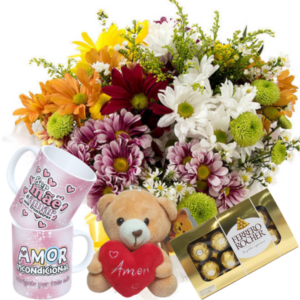 Mine Buquê com Flores Campestres+Caneca Mães 325ml+Chaveiro de Pelúcia+Chocolate 8un