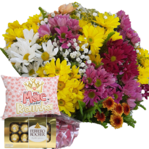 Buquê com Flores Campestres+Chocolate 8un+Almofada Mãe 30cm