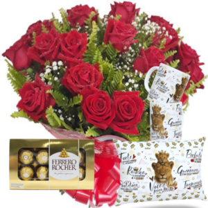 Buquê com 12 Rosas Vermelhas+Chocolate 8un+Caneca Porcelana 325ml+Almofada 30cm