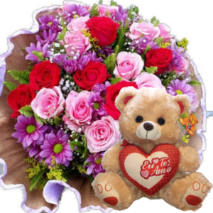 Buquê 12 Rosas Vermelhas e Rosas e Margaridas+Urso 30cm "Eu te Amo"