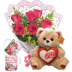 Mini buquê com 6 Rosas Vermelhas+Urso 30cm "Eu te Amo"+1Caneca(Rosa) "Você é um presente de Deus..."