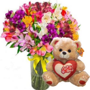 Arranjo no Vaso com Astromélias Coloridas+Urso 30cm “Eu te Amo”