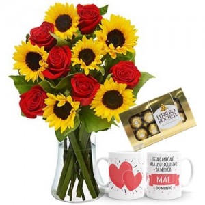 Arranjo no vaso G com 8 Rosas Vermelhas e 8 girassois+Chocolate 8un+1Caneca Exclusiva da Melhor Mãe 330ml