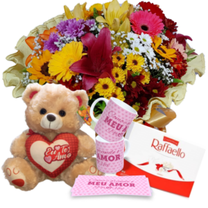 Buquê com Flores do Campo Nobre+Urso 30cm "Eu Te Amo"+Rafaello 9un+1Caneca(Rosa) "Como é Grande o meu..."