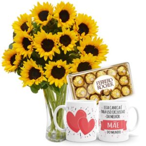 Arranjo no Vaso G com 12 girassóis+Chocolate 12un+1Caneca Exclusiva melhor Mãe