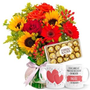 Arranjo no Vaso P com Rosas, Gérberas e Girassóis+Chocolate 12un+Caneca de Mãe