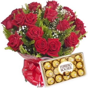 Buquê 12 Rosas Vermelhas+Chocolate 12un