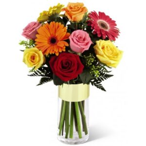Arranjo no Vaso P com 12 Rosas e Gérberas Coloridas
