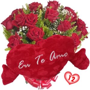 Buquê 24 Rosas Vermelhas + Coração Pelucia "Eu Te Amo" 62x34