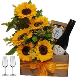Ikebana com Girassóis+Vinho 245ml+Chocolate 8un