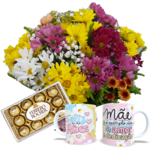 Buquê com flores campestres+Chocolate 12un+1Caneca "Feliz dia das Mães"