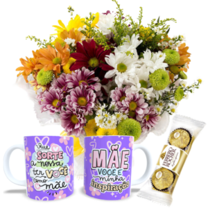 Mini Buquê com Flores Campestres+Caneca Mãe+Chocolate 3un