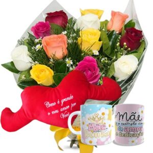 Buque 12 Rosas Coloridas+Coração Pelúcia "Como é grande o meu amor..." 65x30+1Caneca "Mãe Rainha"