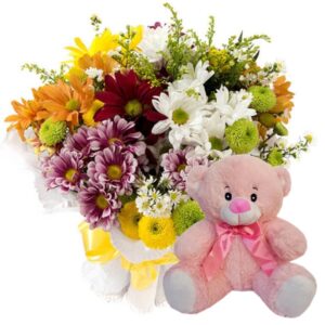 Mini Buquê com Flores Campestres+Ursinho Pelúcia Rosa 25cm