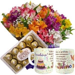 Buquê com Astromélias Coloridas+1Caneca Feliz Aniversário+Chocolate 12un