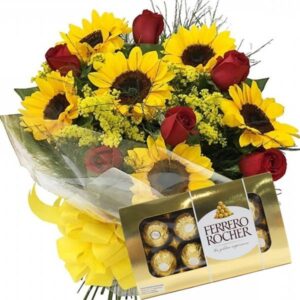 Buquê com 8 Rosas Vermelhas e 8 Girassóis+Chocolate 8un