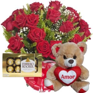 Buquê 12 Rosas Vermelhas+Chocolate 8un+Urso Coração Amor 20cm