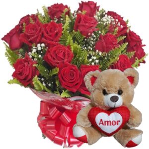 Buquê 12 Rosas Vermelhas+Urso Coração Amor 20cm
