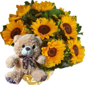 Buquê com 8 Girassóis+Urso com Laço 25cm