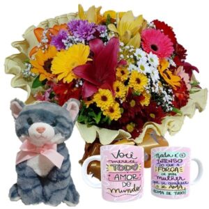 Buquê Flores do Campo Nobre+Gatinha 25cm+1Caneca Mulher