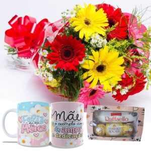 Mini buque 6 Gerberas coloridas+1Caneca "Feliz dia das Mães"+Chocolate 6un