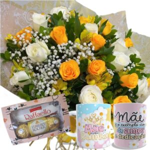 Buquê 24 Rosas Amarelas e Brancas+Chocolate 6un+1Caneca "Mãe Rainha"