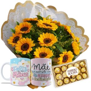 Buquê 12 Girassóis+Chocolate 12un+1Caneca "Feliz dia das Mães"