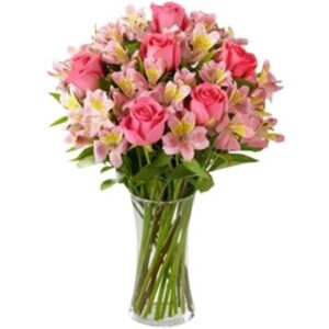 Arranjo no vaso P com 6 Rosas Cor Rosa e Astromélias Rosa