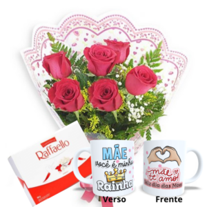 Buquê com 6 Rosas Vermelhas +1Caneca Mãe+Chocolate Rafaello 9un