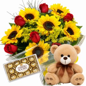Buquê com 8 Rosas e 8 Girassóis+Chocolate 12un+Urso com Laço 20cm